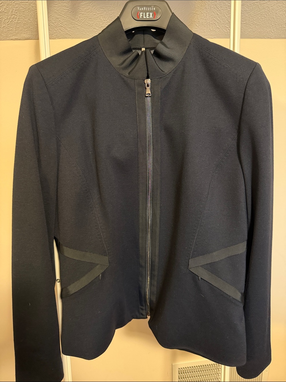 Elie Tahari navy zipper front blazer with ribbon trim - size large